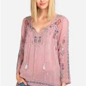 Johnny Was “Santorini” Tassel-Tie Embroidered Blouse